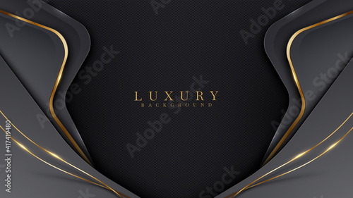 Elegant abstract black background with line golden elements. Realistic luxury paper cut style 3d modern concept. vector illustration for design.