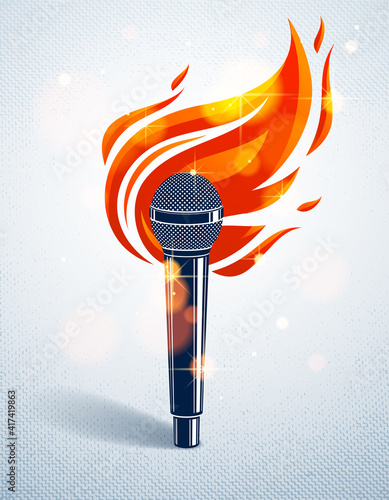 Microphone on fire, hot mic in flames, rap battle rhymes music, karaoke singing or standup comedy, vector logo or illustration, concert festival or night club label, t-shirt print.