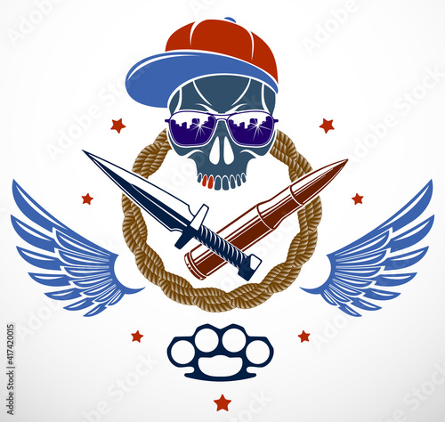 Revolution and Riot wicked emblem or logo with aggressive skull, weapons and different design elements , vector tattoo, anarchy and chaos, rebel partisan and revolutionary.