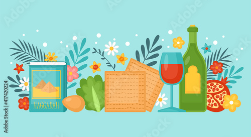 Passover Pesah holiday banner design with matzah, wine and spring flowers. Greeting card or seder party invitation template