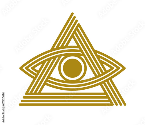 All seeing eye in triangle pyramid vector ancient symbol in modern linear style isolated on white, eye of god, masonic sign, secret knowledge illuminati.