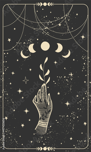 Tarot card with hand holding plant and moon. Magical boho design with stars, engraving stylization, witch cover in vintage design. Golden mystical hand drawing on a black background.