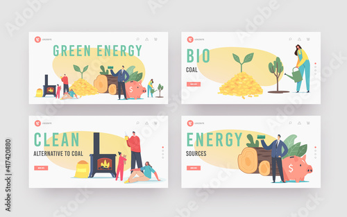 Green Energy Landing Page Template Set. People Use Bio Coal. Family Characters Heating Home with Biological Coal