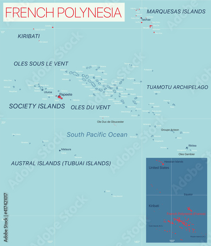 French Polynesia detailed editable map with cities and towns, geographic sites. Vector EPS-10 file photo