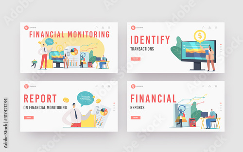 Financial Monitoring Landing Page Template Set. Business Characters Analysing Data Report on Huge Dashboard