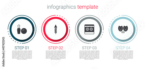 Set Bowling pin and ball, Firework rocket, Shooting gallery and Comedy tragedy masks. Business infographic template. Vector.
