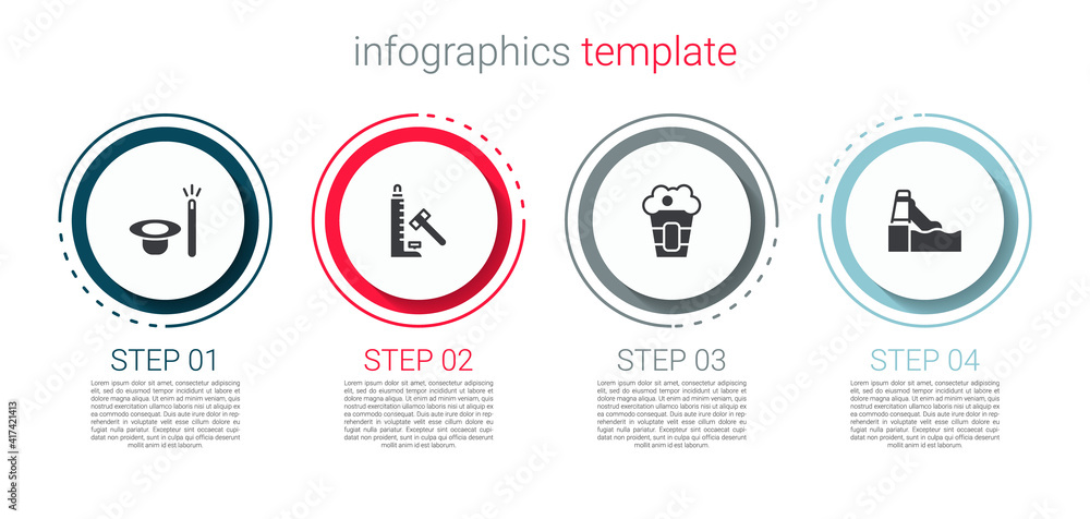 Set Magic hat and wand, Striker attraction with hammer, Popcorn in box and Water slide. Business infographic template. Vector. Set Magic hat and wand, Striker attraction with hammer, Popcorn in box and Water slide. Business infographic template. Vector.