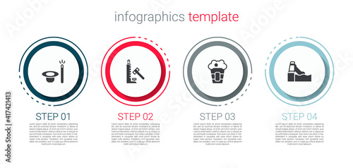 Set Magic hat and wand, Striker attraction with hammer, Popcorn in box and Water slide. Business infographic template. Vector.