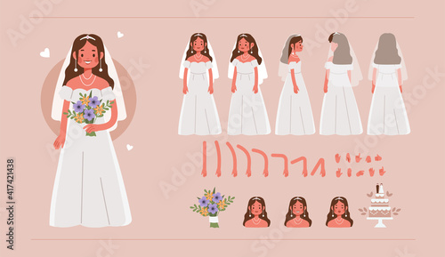 Bride Character Constructor for Animation. Front, Side and Back View. Cute Girl wearing Wedding Dress in Different Postures. Body Parts Collection. Flat Cartoon Vector Illustration.