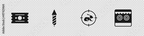 Set Ticket, Firework rocket, Hunt on rabbit with crosshairs and Shooting gallery icon. Vector.