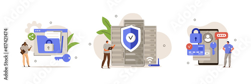 Characters using Cyber Security Services to Protect Personal Data. Online Payment Security, Cloud Shared Documents, Server Security and Data Protection Concept. Flat Cartoon Vector Illustration.