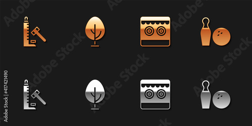 Set Striker attraction with hammer, Tree, Shooting gallery and Bowling pin and ball icon. Vector.