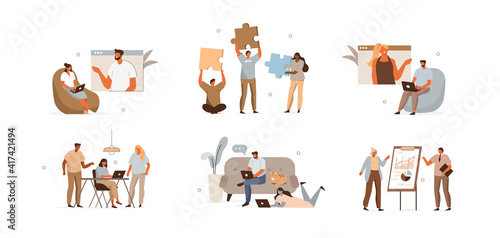 Business People Characters Teamwork. Businessman and Businesswoman Working, Discussing and Meeting in Coworking Office and Online in Video Call.  Freelancers Team. Flat Cartoon Vector Illustration.