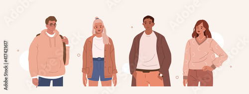 Diversity Young People Characters Standing Together and Smiling. Different Girls And Boys in Trendy Fashionable Clothes. Multicultural Friendship Concept. Flat Cartoon Vector Illustration.