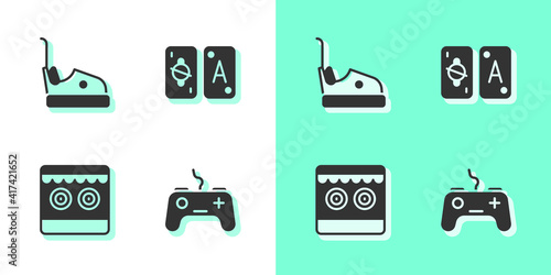 Set Gamepad, Bumper car, Shooting gallery and Tarot cards icon. Vector.