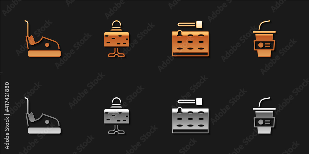 Set Bumper car, Magic ball on table, Arcade game machine and Paper glass with water icon. Vector. Set Bumper car, Magic ball on table, Arcade game machine and Paper glass with water icon. Vector.