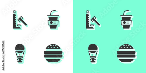 Set Burger, Striker attraction with hammer, Hot air balloon and Paper glass water icon. Vector.