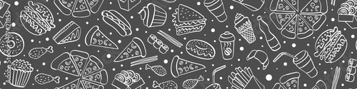 Fast food doodle seamless horizontal border. Hand drawn icons on white background. Vector illustration.