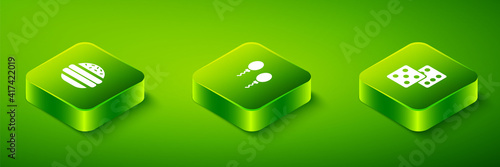 Set Isometric Balloons, Game dice and Burger icon. Vector.