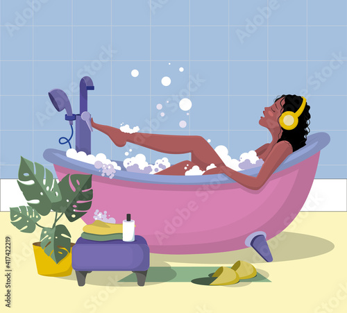 A brunette girl in a bubble bath listens to music with headphones and sings along to her favorite song. The interior of the bathroom. Illustration, design, print.