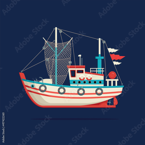 Color image of a fishing boat or trawler on a dark blue background. Decorative vector illustration of a fisherman ship side view. Sea or river transport for catching fish in a cartoon style