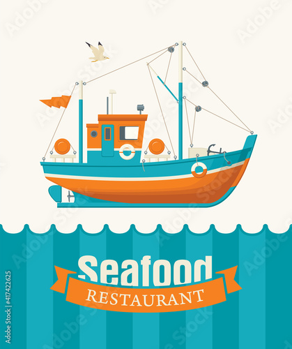 Vector banner or menu for a seafood restaurant decorated with a ship. Decorative vector illustration of a fishing boat or a trawler side view in a cartoon style in blue and orange colors