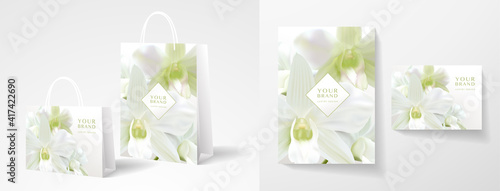 Elegant shopping paper bag design. Template with white orchid flower print. Holiday floral pattern for brand gift packet, shop purchase useful for jewelry, perfume store. Vector layout