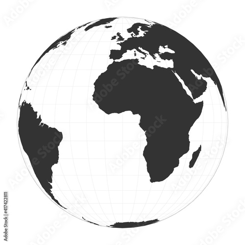 Map of the World. Orthographic projection. Globe with latitude and longitude net. World map on meridians and parallels background. Vector illustration.