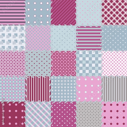 A colorful patchwork quilt made of pink and gray pieces.