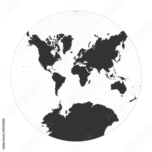 Map of the World. Lagrange conformal projection. Globe with latitude and longitude net. World map on meridians and parallels background. Vector illustration.