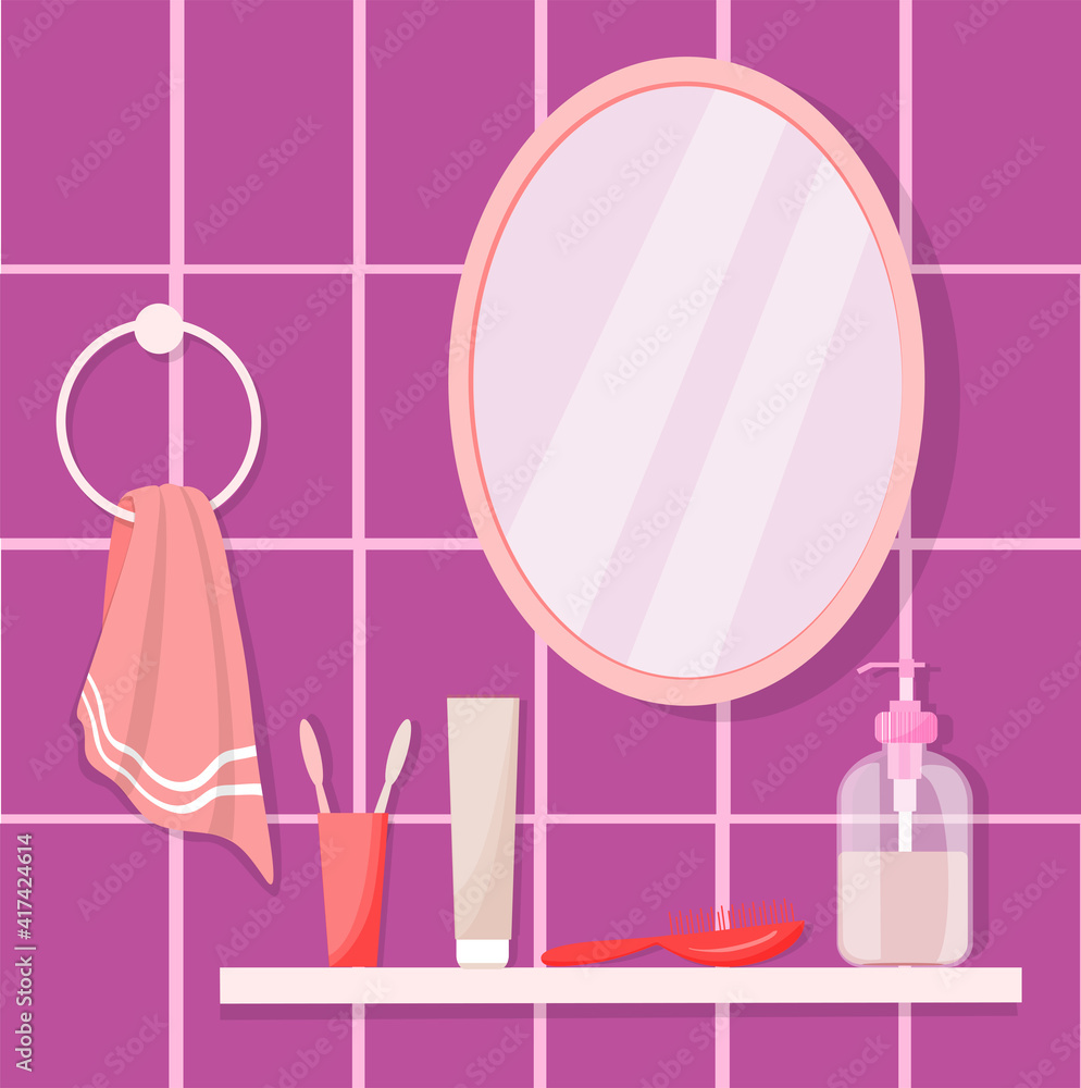 Modern bathroom. Close-up with a mirror and a towel. A shelf in the bathroom with a toothbrush, toothpaste, comb, soap and towel. Flat vector illustration, cartoon style. Modern bathroom. Close-up with a mirror and a towel. A shelf in the bathroom with a toothbrush, toothpaste, comb, soap and towel. Flat vector illustration, cartoon style.