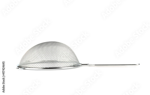 Metal sieve with plastic handle isolated on a white background.