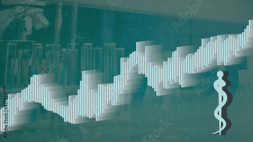 Bullish trend for pharmaceuticals and drugs stocks, part of the larger healthcare sector. The illustration shows a chart with the Rod of Asclepius, a traditional medical symbol.