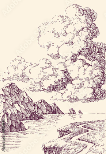 Clouds over sea nature hand drawing