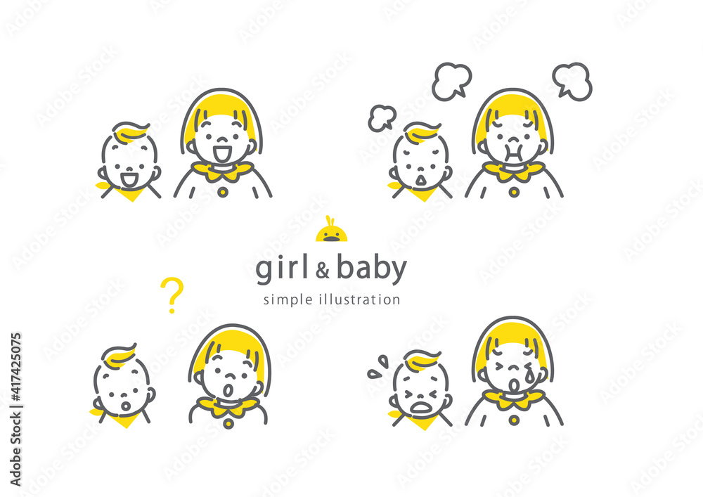 Vetor Do Stock 赤ちゃんと女の子のシンプルでかわいい線画イラスト 二色 表情セット Adobe Stock