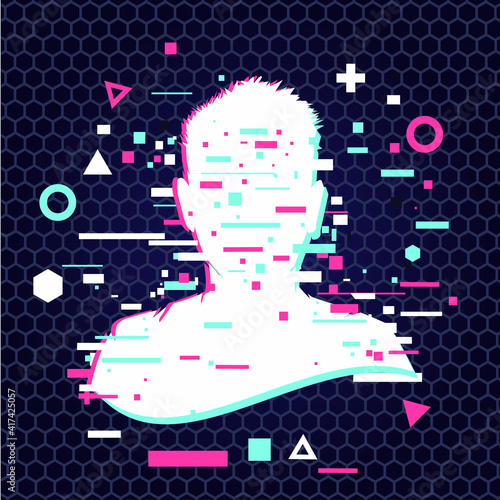 Anonymous vector icon. Incognito sign. Privacy concept. Human head with glitch face. Personal data security illustration. Gamer profile avatar.