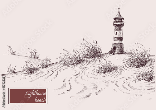 Sea shore and lighthouse beach vector hand drawing