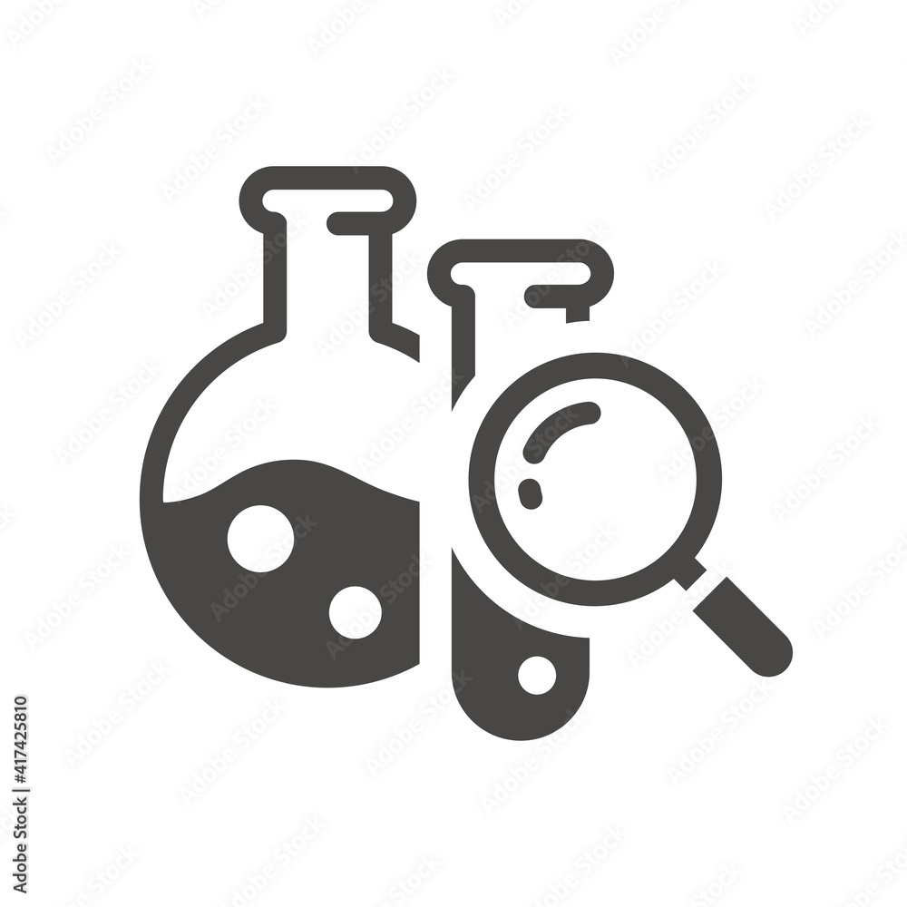 Chemistry test tubes with magnifying glass icon. Laboratory flask, tube and loupe, research, science vector symbol. Chemistry test tubes with magnifying glass icon. Laboratory flask, tube and loupe, research, science vector symbol.