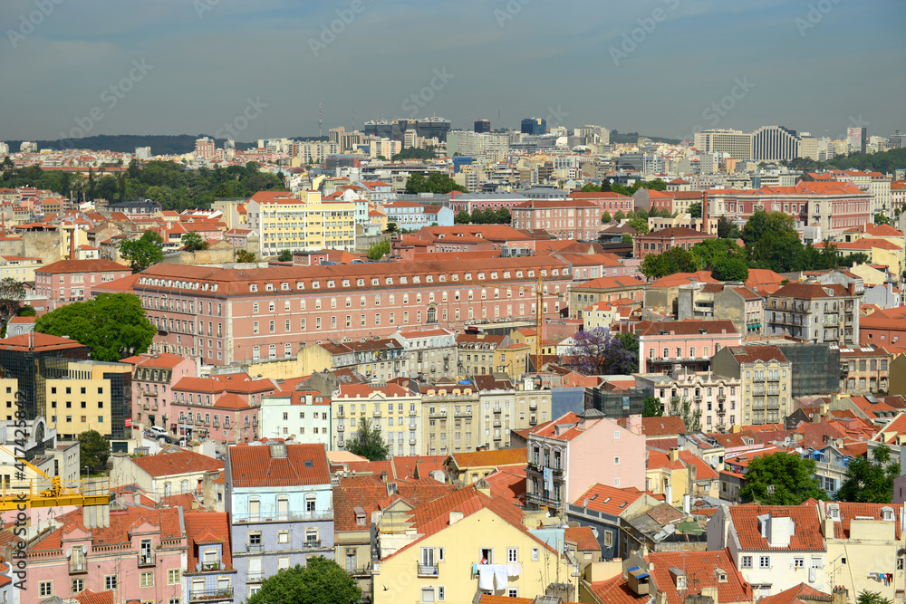 Historic Baixa district skyline, from Miradouro da Graca in city of Lisbon, Portugal.
