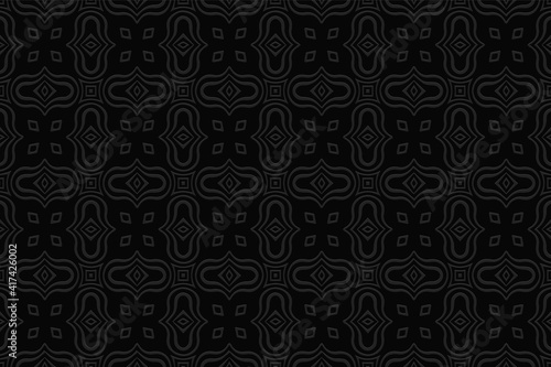 Geometric black volumetric background from a relief abstract ethnic pattern. 3D convex shape effect for web design, banner, presentations.