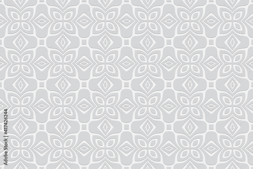 Geometric white volumetric background from a relief ethnic pattern in the style of Africa, India. 3D convex shape effect for wallpaper, web design, presentations.