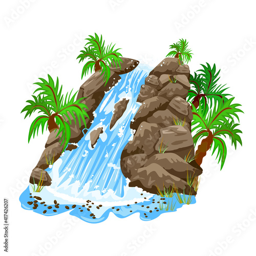 Waterfall in jungle isolated on white background. Waterfall and palm trees. Cartoon landscapes with water cascade, mountains, trees and bushes. Element for scenery design. Stock vector illustration