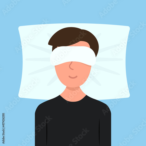 Man in sleeping mask in bed illustration. Clipart image