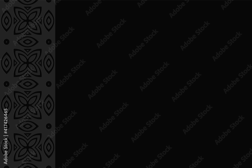 Geometric black volumetric background from a relief ethnic pattern with stylized flowers. Vertical insert. 3D effect of a convex shape for wallpaper, presentations. Geometric black volumetric background from a relief ethnic pattern with stylized flowers. Vertical insert. 3D effect of a convex shape for wallpaper, presentations.