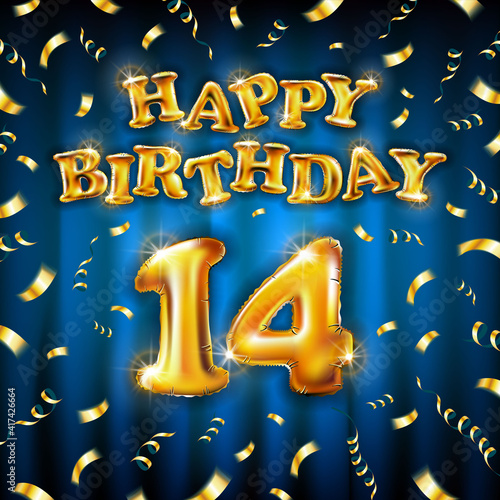 14 Happy Birthday message made of golden inflatable balloon fourteen letters isolated on blue background fly on gold ribbons with confetti. Happy birthday party balloons concept vector illustration