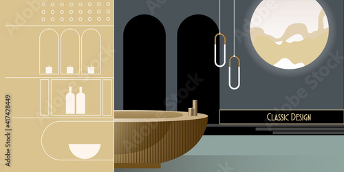 Abstract modern Interior with porthole window in pastel shades of gold color. Vector mockup for landing page design, advertising banner or booklet. Contemporary architecture illustration.