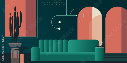 Abstract modern Interior in pastel shades of pink and green color. Vector mockup for background a layout landing page or design advertising banner or booklet. Contemporary architecture illustration.