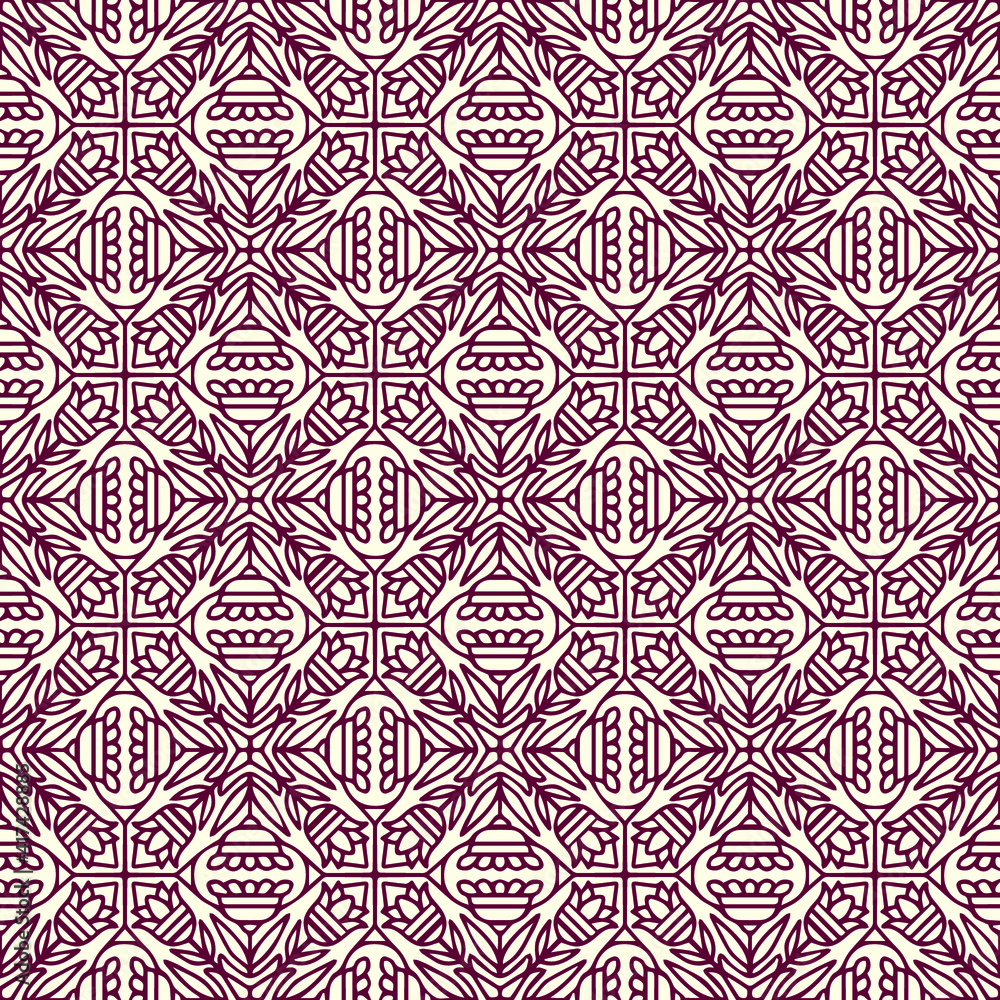 seamless tile with dark red folk style floral ornaments drawn on a light background, seamless pattern, vector, textile