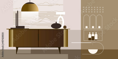 Abstract modern interior with vintage desktop. Vector mockup for landing page design, advertising banner or booklet. Contemporary architecture illustration.