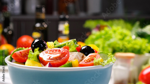 Greek salad, fresh vegetable salad served with healthy food ingredients